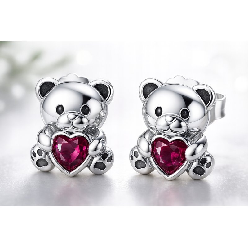 Srebrne kolczyki misie serce cyrkonia srebro próba 925 sztyfty wkrętki