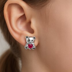 Srebrne kolczyki misie serce cyrkonia srebro próba 925 sztyfty wkrętki