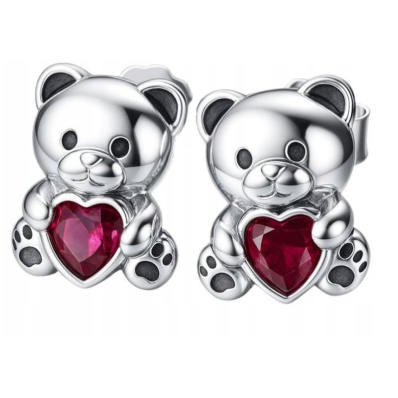 Srebrne kolczyki misie serce cyrkonia srebro próba 925 sztyfty wkrętki