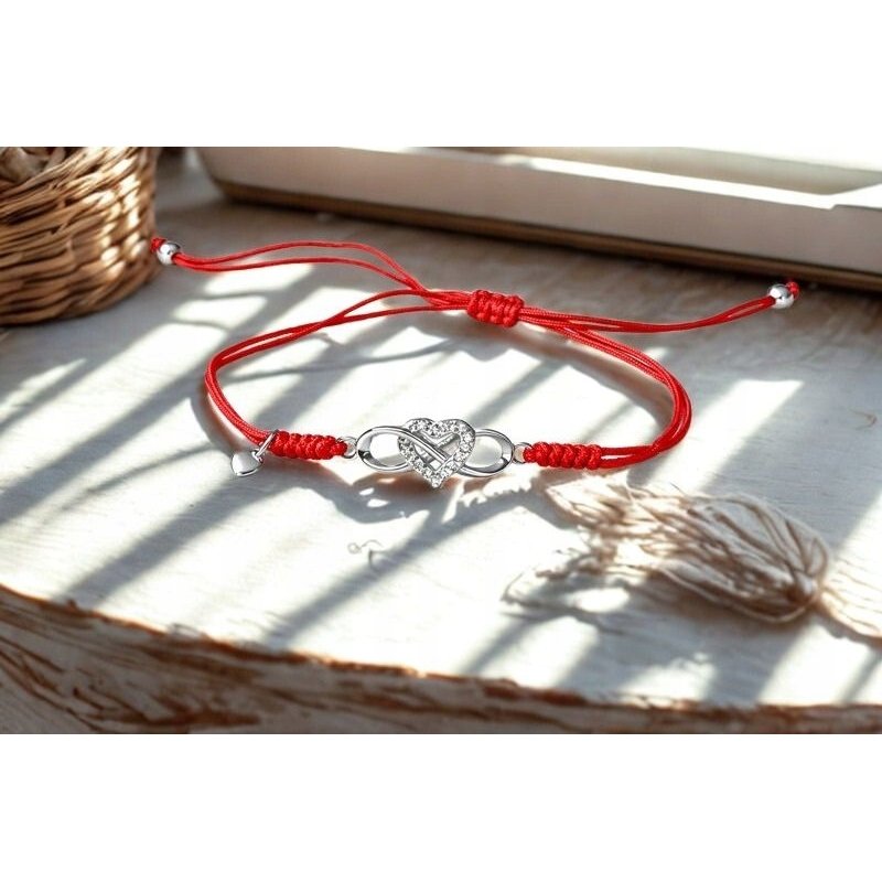 Srebrna bransoletka damska sznurkowa regulowana serce srebro 925 Walentynki