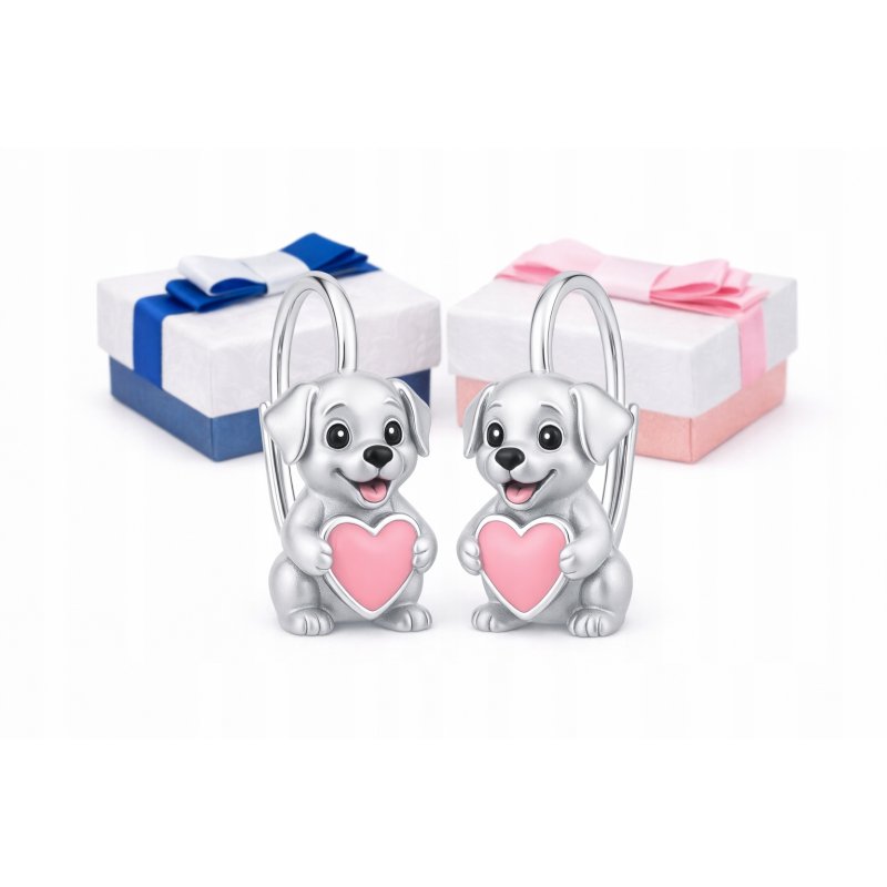 Srebrne kolczyki dla dziewczynki pieski serce srebro 925 angielskie