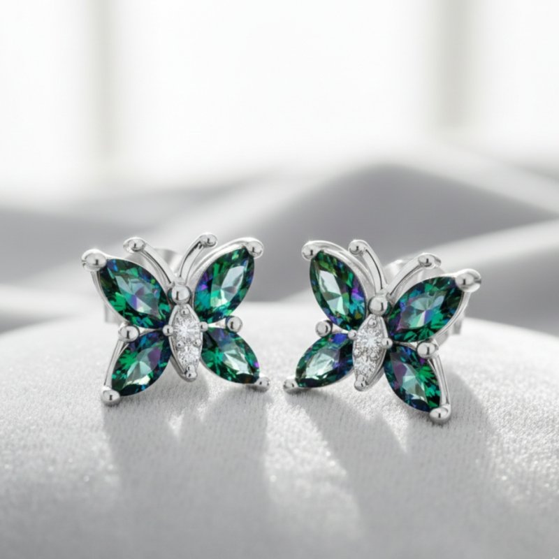 Srebrne kolczyki motyl kolorowy topaz wkrętki sztyfty srebro próba 925