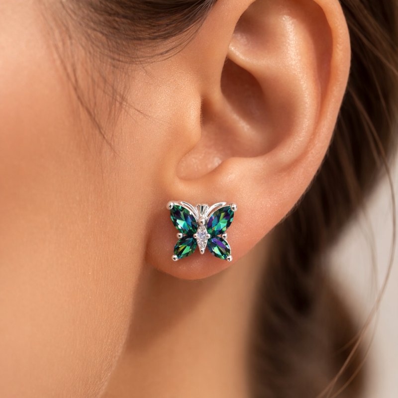 Srebrne kolczyki motyl kolorowy topaz wkrętki sztyfty srebro próba 925