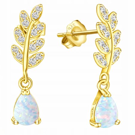 Srebrne pozłacane kolczyki listki wiszące sztyfty opal cyrkonie srebro 925