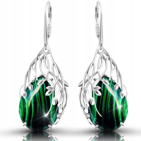 Damskie srebrne kolczyki malachit wiszące angielskie srebro próba 925