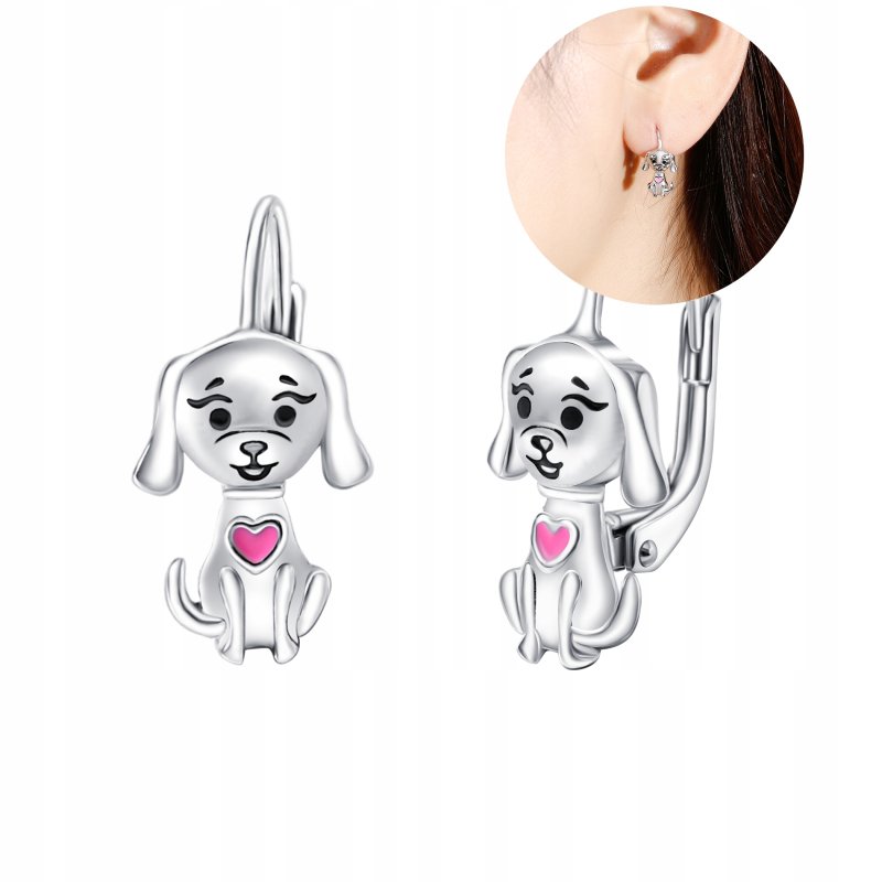 Srebrne kolczyki pies piesek wiszące dla dziewczynki srebro próba 925