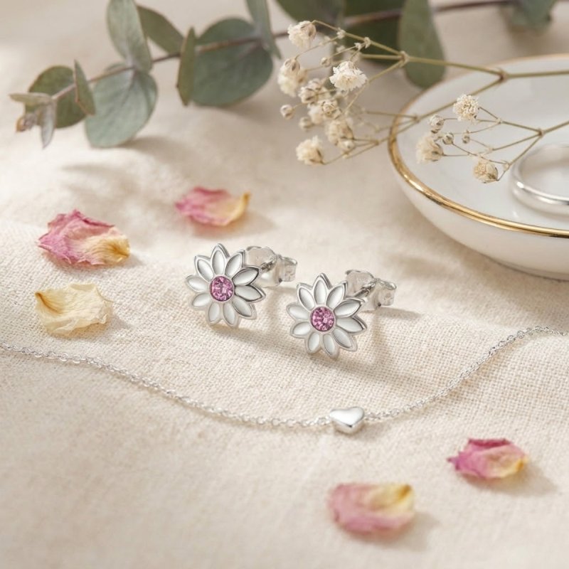 Srebrne kolczyki kwiatki sztyfty różowe cyrkonie srebro 925 dla dziewczynki
