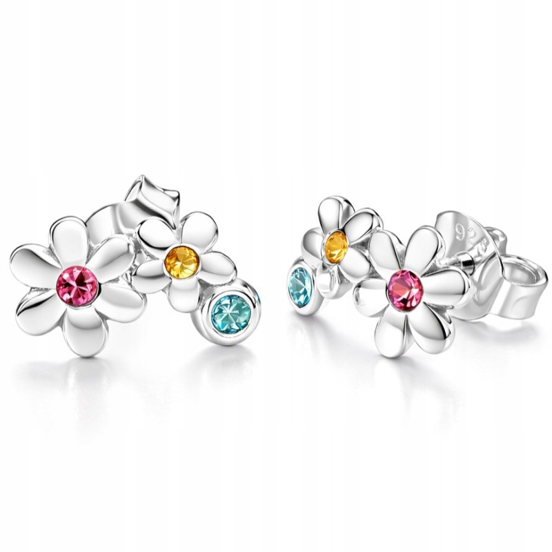 Srebrne kolczyki dwa kwiatki sztyfty cyrkonie srebro 925 dla dziewczynki