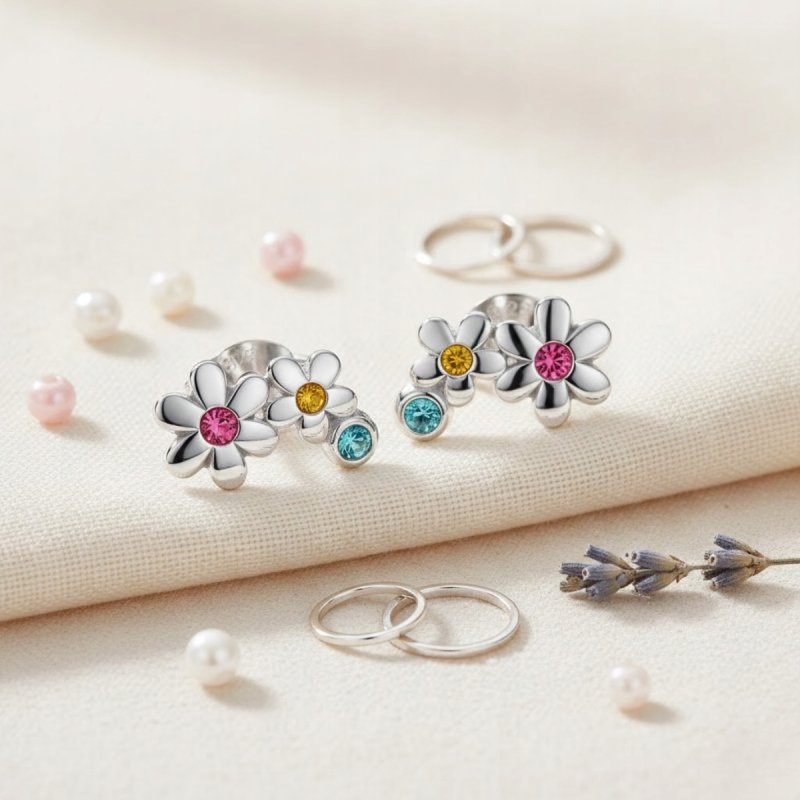 Srebrne kolczyki dwa kwiatki sztyfty cyrkonie srebro 925 dla dziewczynki