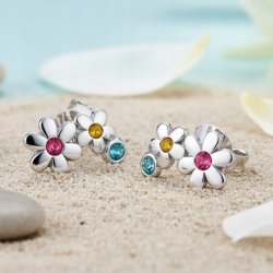 Srebrne kolczyki dwa kwiatki sztyfty cyrkonie srebro 925 dla dziewczynki