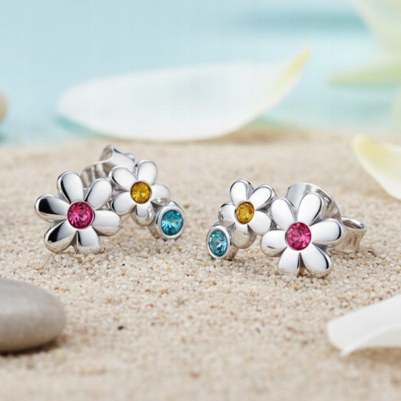 Srebrne kolczyki dwa kwiatki sztyfty cyrkonie srebro 925 dla dziewczynki