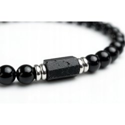 Bransoleta męska czarna turmalin kamień wulkaniczny regulowana srebro 925