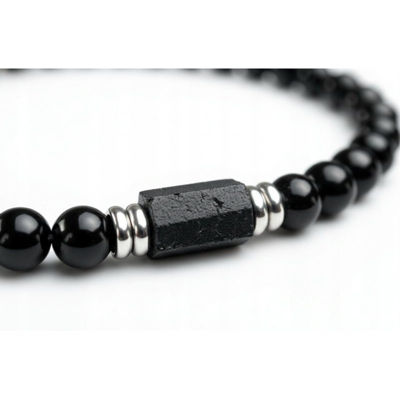 Bransoleta męska czarna turmalin kamień wulkaniczny regulowana srebro 925
