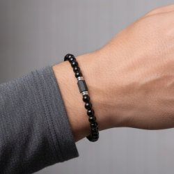 Bransoleta męska czarna turmalin kamień wulkaniczny regulowana srebro 925