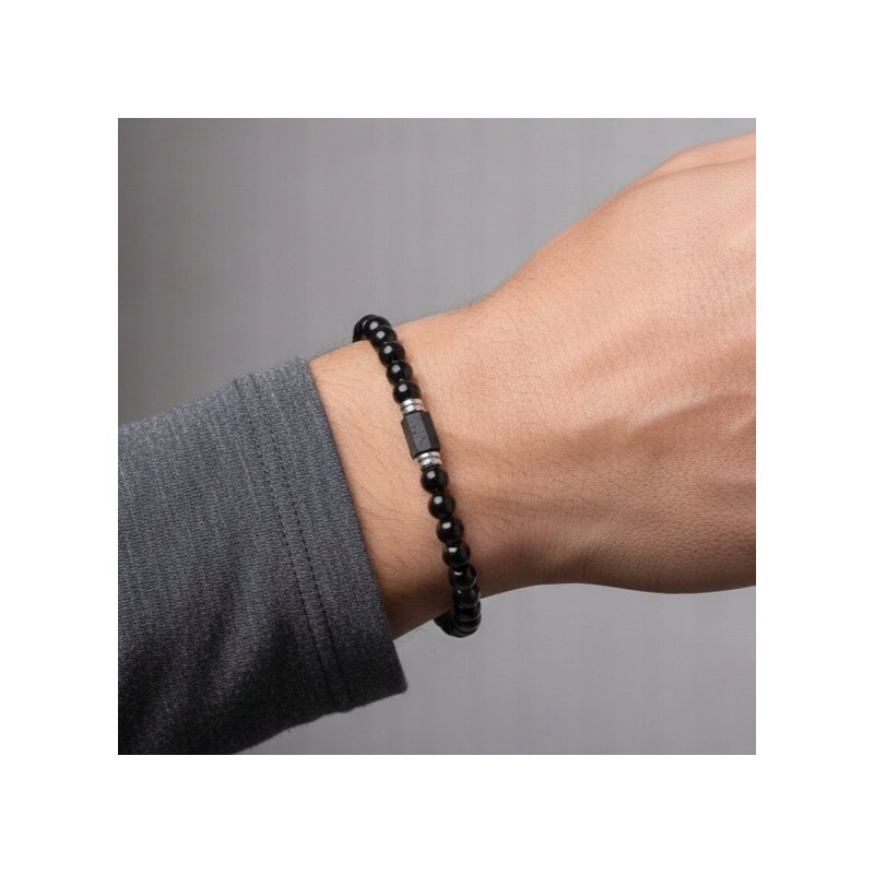 Bransoleta męska czarna turmalin kamień wulkaniczny regulowana srebro 925