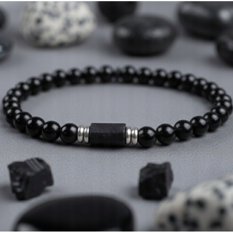 Bransoleta męska czarna turmalin kamień wulkaniczny regulowana srebro 925