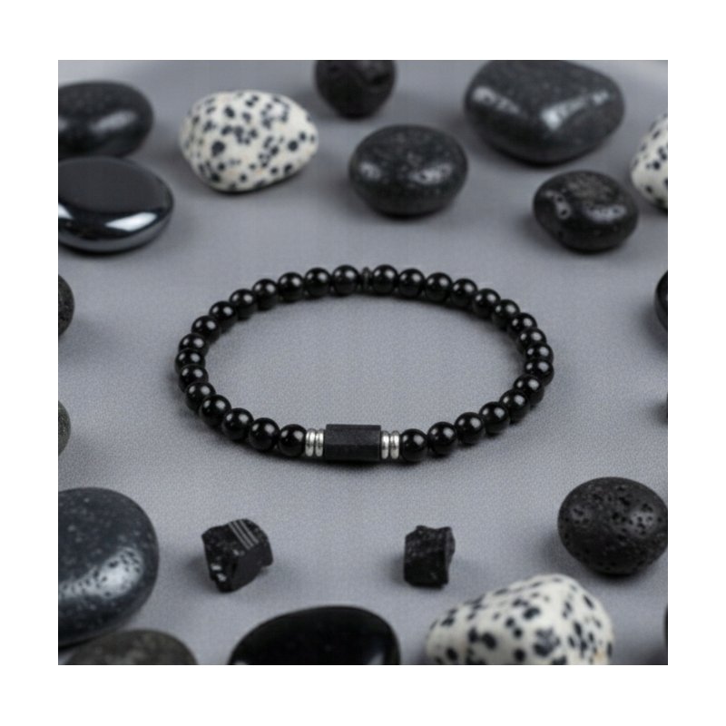Bransoleta męska czarna turmalin kamień wulkaniczny regulowana srebro 925