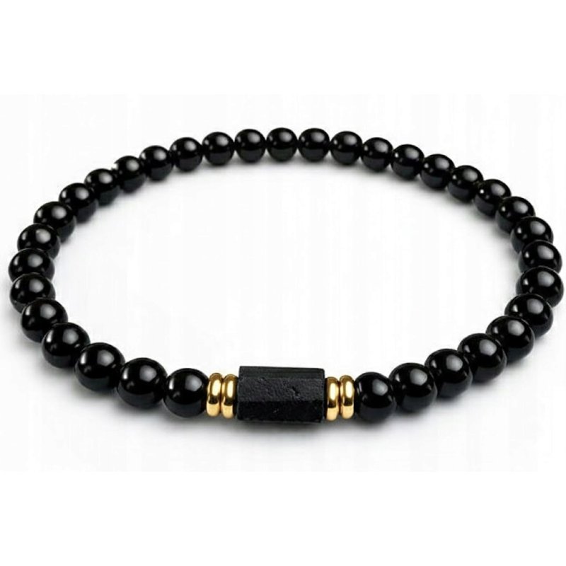 Bransoleta męska czarna turmalin kamień wulkaniczny pozłacana srebro 925