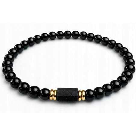 Bransoleta męska czarna turmalin kamień wulkaniczny pozłacana srebro 925