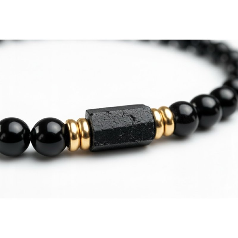 Bransoleta męska czarna turmalin kamień wulkaniczny pozłacana srebro 925
