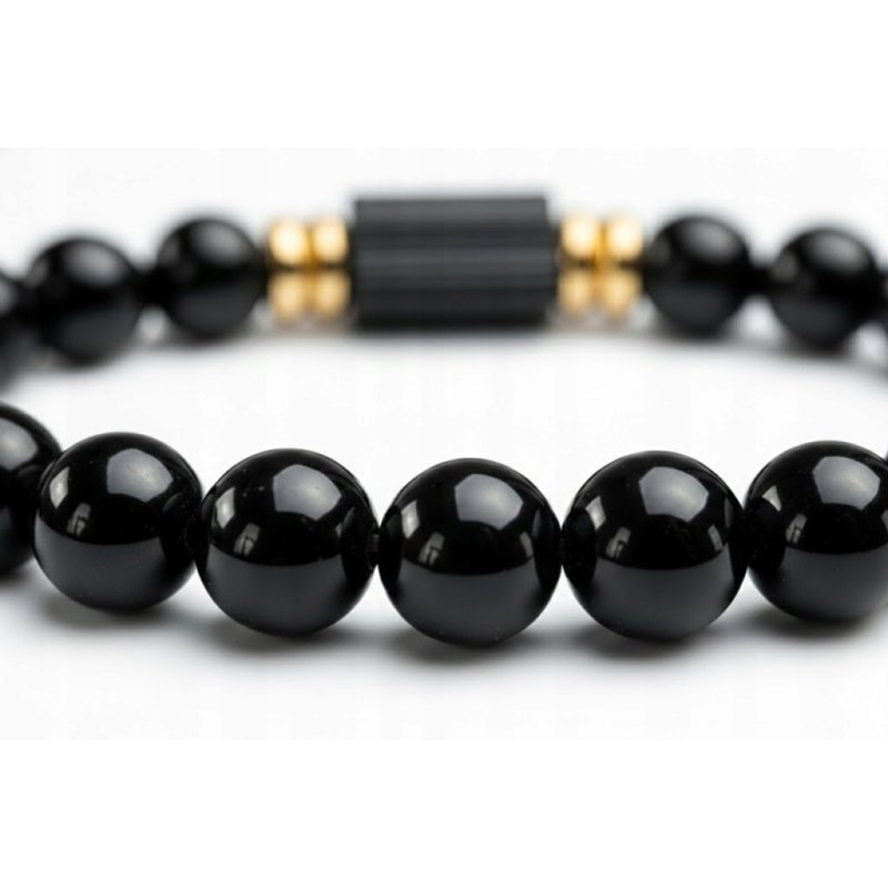 Bransoleta męska czarna turmalin kamień wulkaniczny pozłacana srebro 925