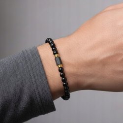 Bransoleta męska czarna turmalin kamień wulkaniczny pozłacana srebro 925