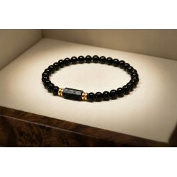 Bransoleta męska czarna turmalin kamień wulkaniczny pozłacana srebro 925