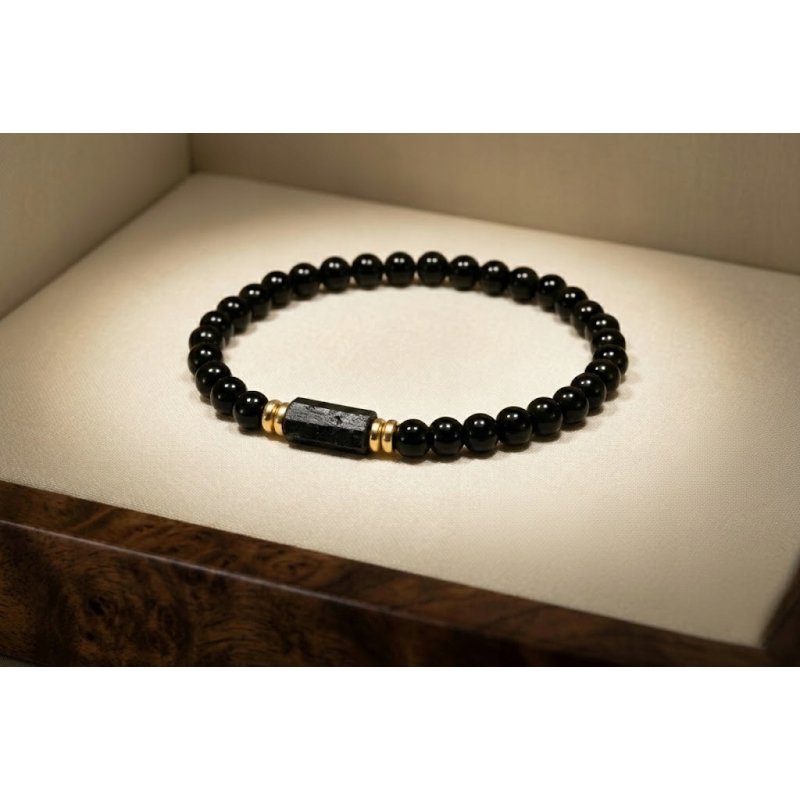 Bransoleta męska czarna turmalin kamień wulkaniczny pozłacana srebro 925