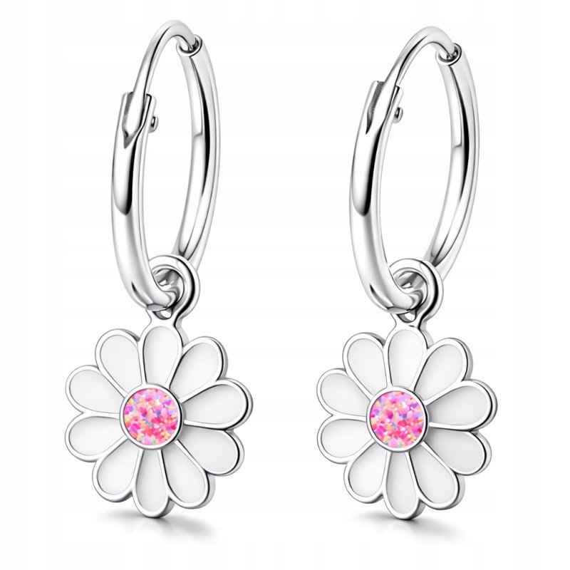 Kolczyki kółka dla dzieci dziewczynki srebrne kwiatki wiszące srebro 925