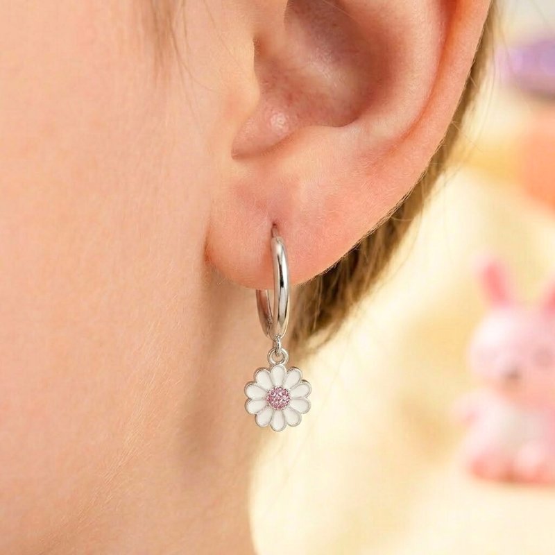 Kolczyki kółka dla dzieci dziewczynki srebrne kwiatki wiszące srebro 925