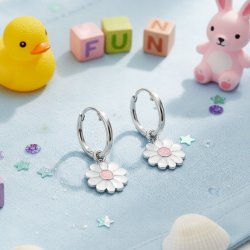 Kolczyki kółka dla dzieci dziewczynki srebrne kwiatki wiszące srebro 925