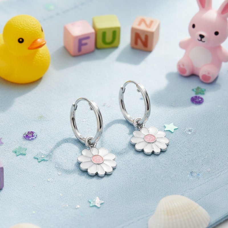 Kolczyki kółka dla dzieci dziewczynki srebrne kwiatki wiszące srebro 925