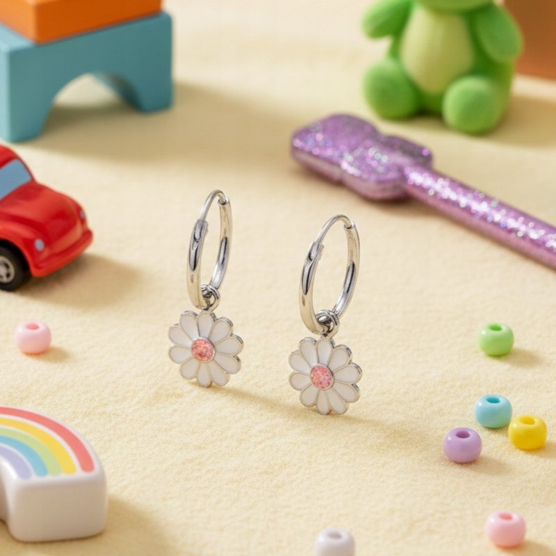 Kolczyki kółka dla dzieci dziewczynki srebrne kwiatki wiszące srebro 925