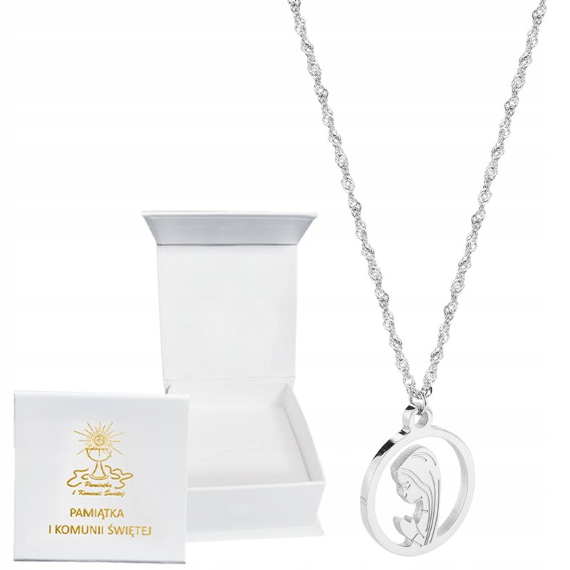 Łańcuszek srebrny medalik komunijny Matka Boska Komunia stal 316L Chrzest