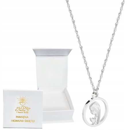 Łańcuszek srebrny medalik komunijny Matka Boska Komunia stal 316L Chrzest