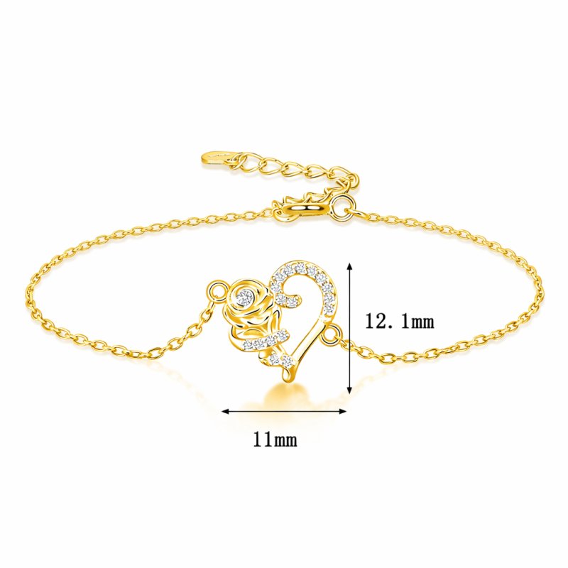 Srebrna bransoletka damska 925 serce z różą srebro pozłacane 925