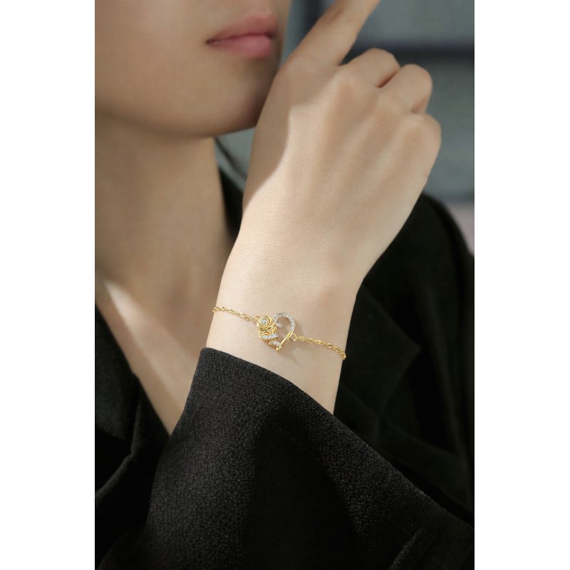 Srebrna bransoletka damska 925 serce z różą srebro pozłacane 925