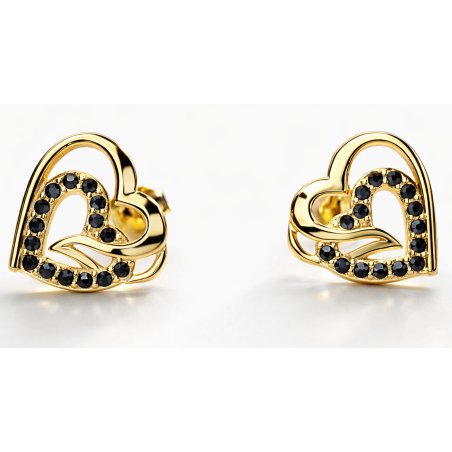Kolczyki srebrne damskie wkrętki sztyfty serca czarne srebro 925 pozłacane
