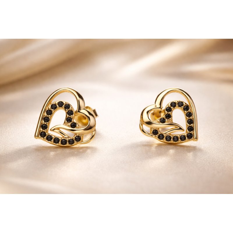 Kolczyki srebrne damskie wkrętki sztyfty serca czarne srebro 925 pozłacane