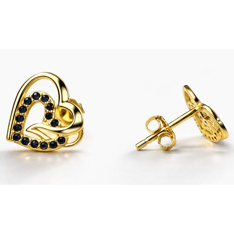 Kolczyki srebrne damskie wkrętki sztyfty serca czarne srebro 925 pozłacane
