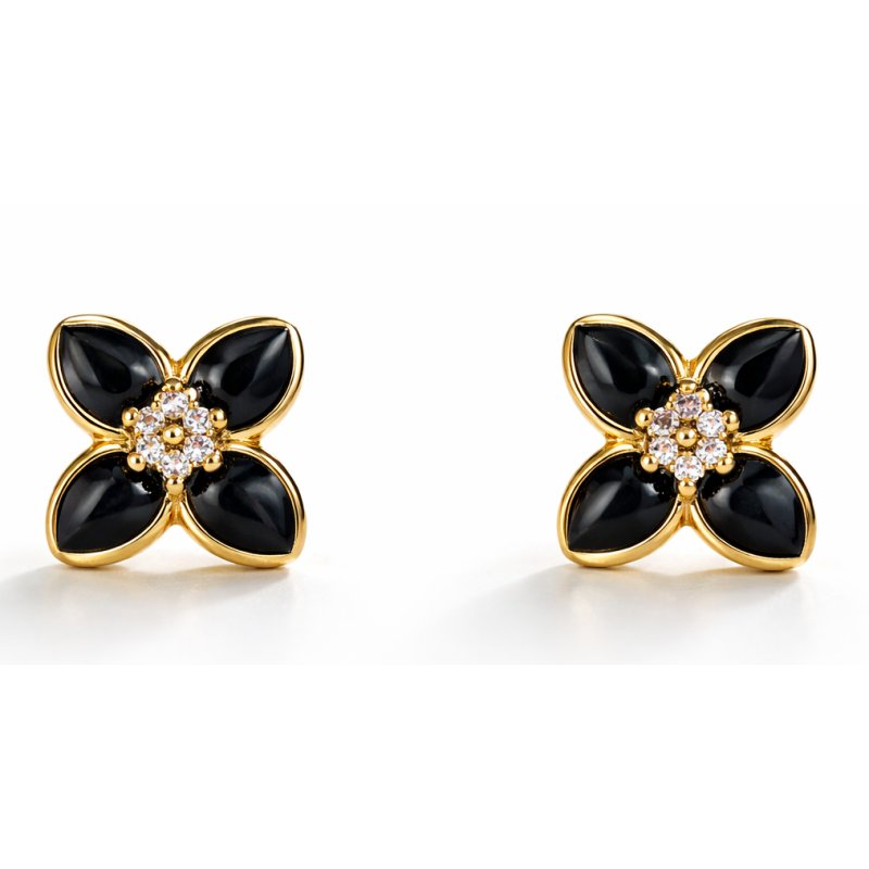 Kolczyki wkrętki kwiatki czarne wkrętki sztyfty srebro 925 pozłacane