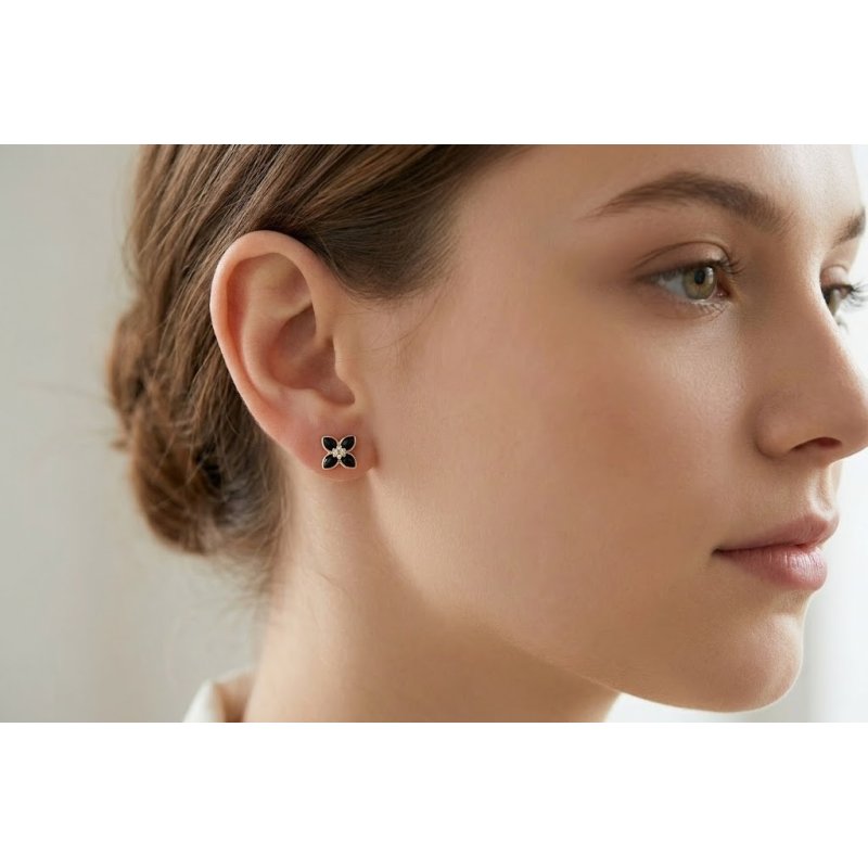 Kolczyki wkrętki kwiatki czarne wkrętki sztyfty srebro 925 pozłacane