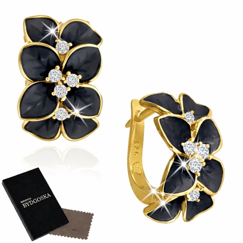 Kolczyki srebrne angielskie kwiatki czarne srebro 925 złocone oryginalne