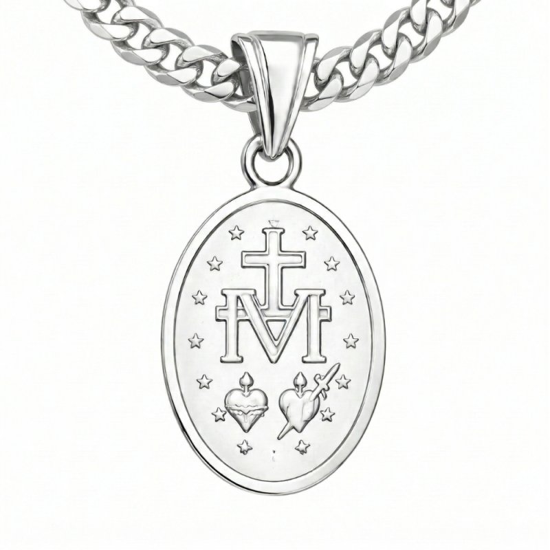 Łańcuszek srebrny na komunię, chrzest z medalikiem matka boska dla chłopca