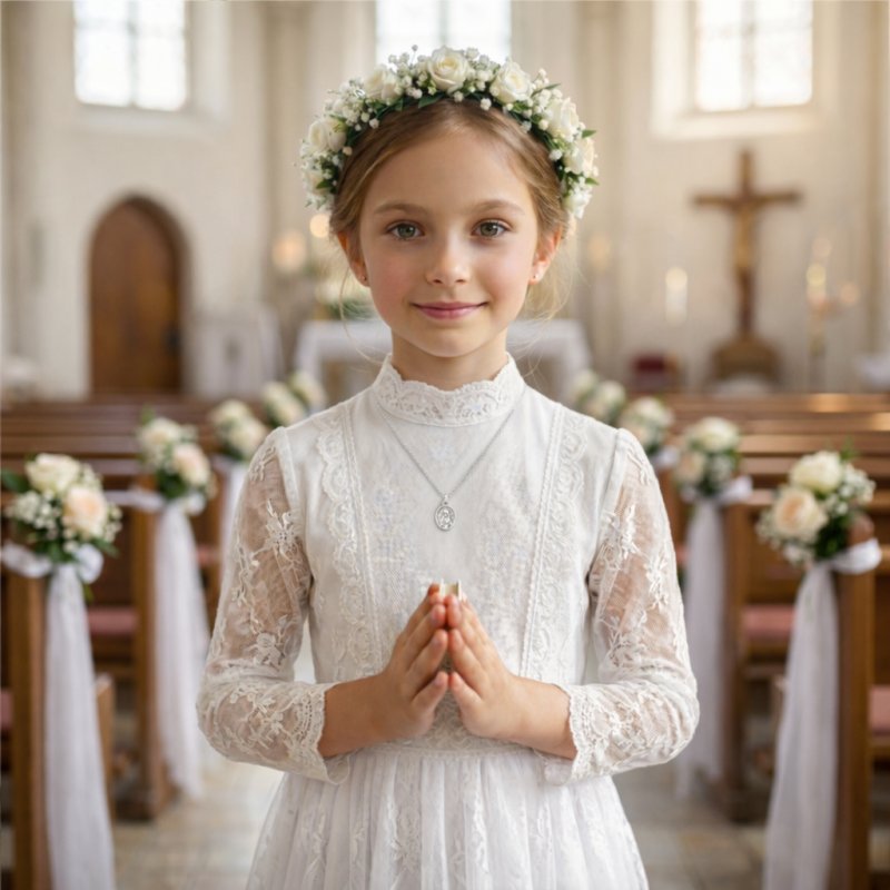 Łańcuszek srebrny medalik komunijny matka boska na komunię na chrzest