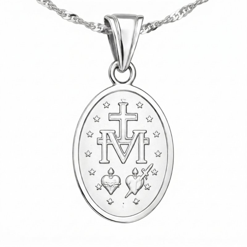 Łańcuszek srebrny medalik komunijny matka boska na komunię na chrzest