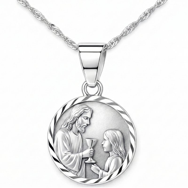 Naszyjnik srebrny łańcuszek dla dziewczynki medalik na komunię srebro 925