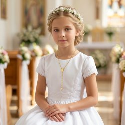 Naszyjnik srebrny różaniec z krzyżykiem i medalikiem na komunię srebro pozłacane 925