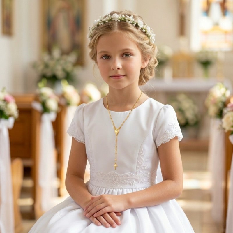 Naszyjnik srebrny różaniec z krzyżykiem i medalikiem na komunię srebro pozłacane 925