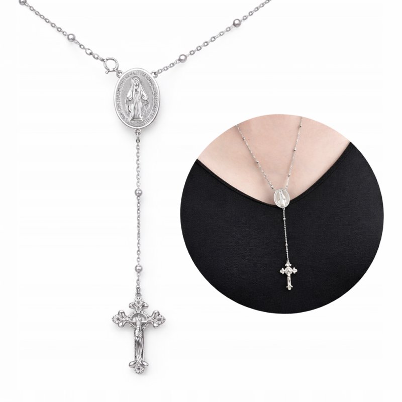 Naszyjnik srebrny rodowany łańcuszek z krzyżykiem i medalikiem srebro 925